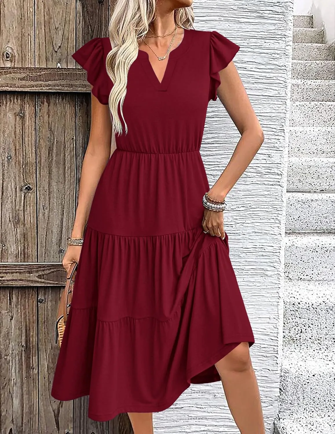 Zeagoo Casual Ruffle Sleeve V Neck Midi Dress